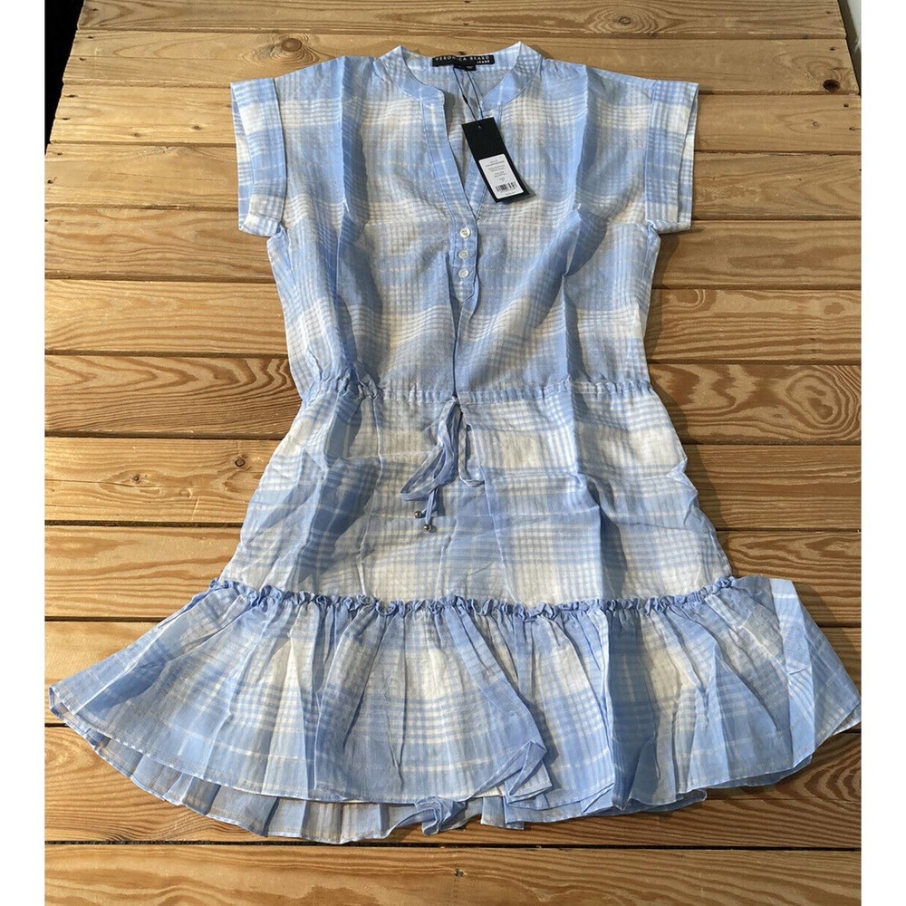 Nwt Veronica Beard Hanne Dress Size Medium Blue White Ruffle Hem Msrp $348
